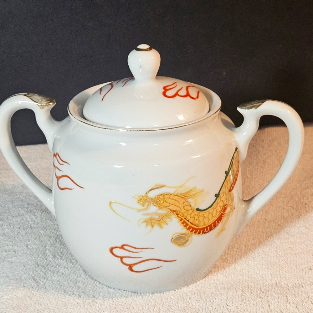 Vtg Japanese Lithophane  Golden Dragon Sugar Bowl W Lid Red And Golden Dragon
